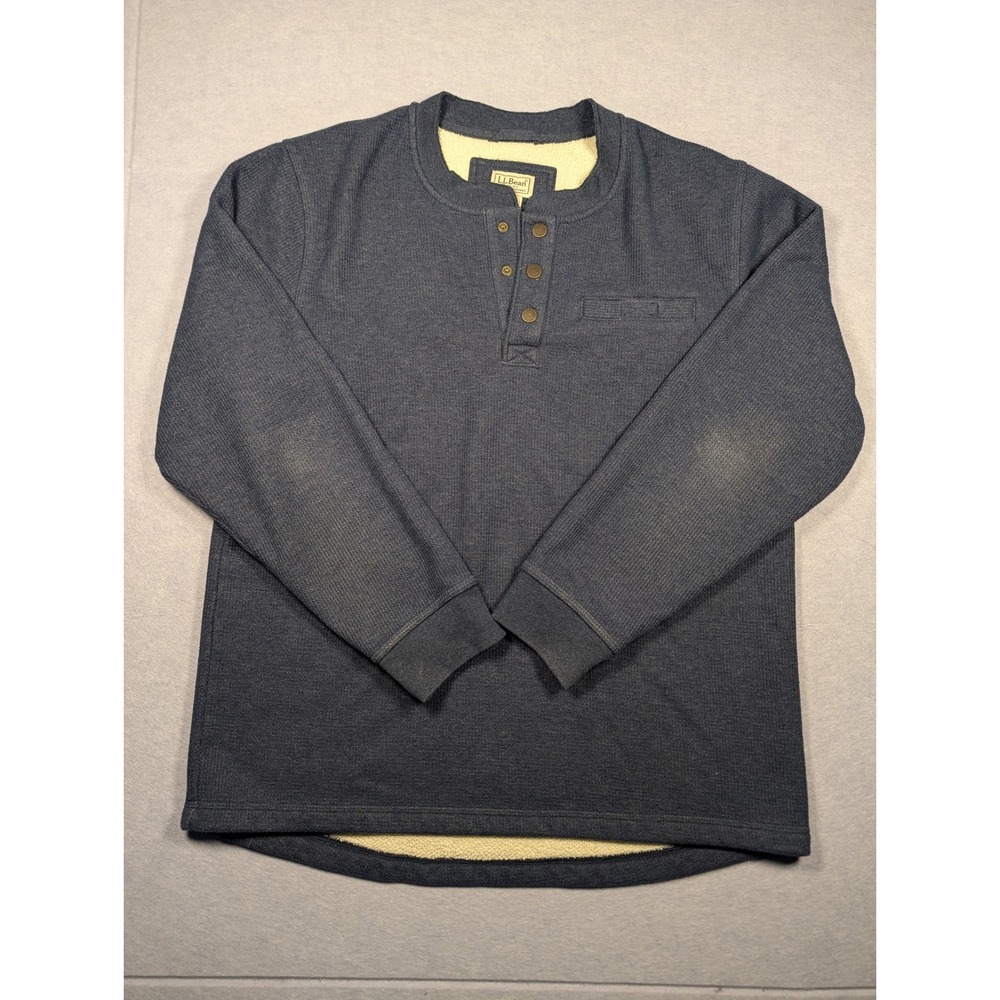 LL Bean Henley Mens Large Navy Blue Fleece Lined Waffle Knit Good